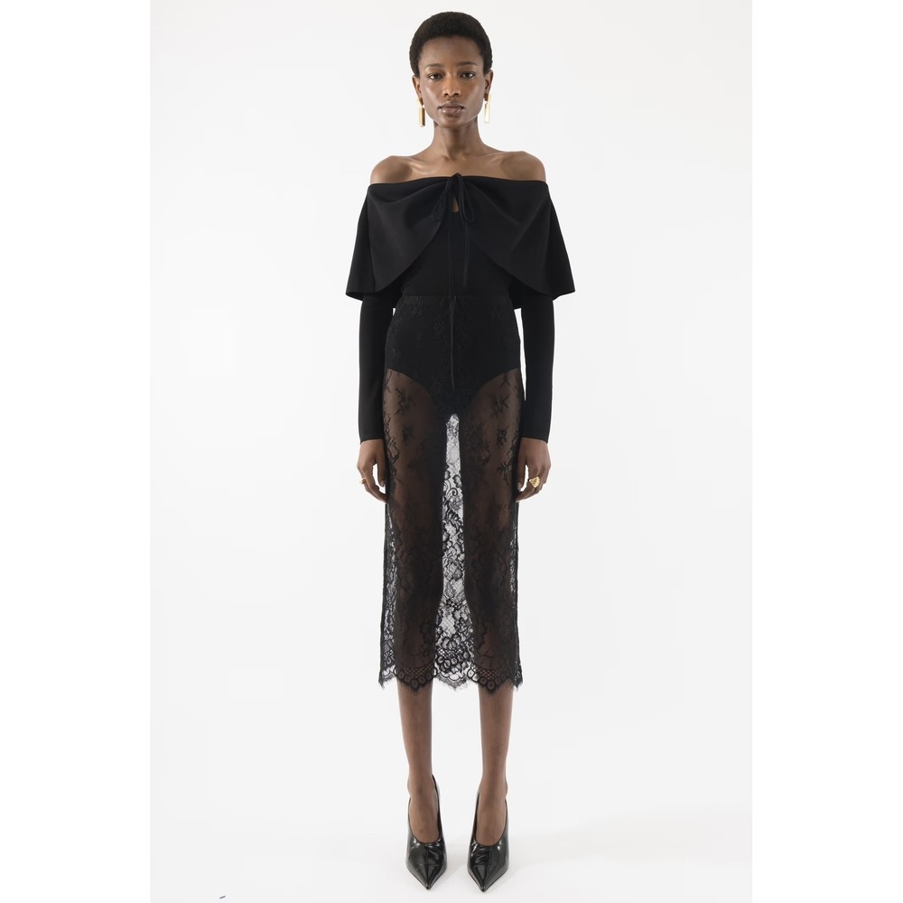 Arakii Vivi Bodysuit Black Ribbed Off Shoulder Cape Overlay Long Sleeve Size M